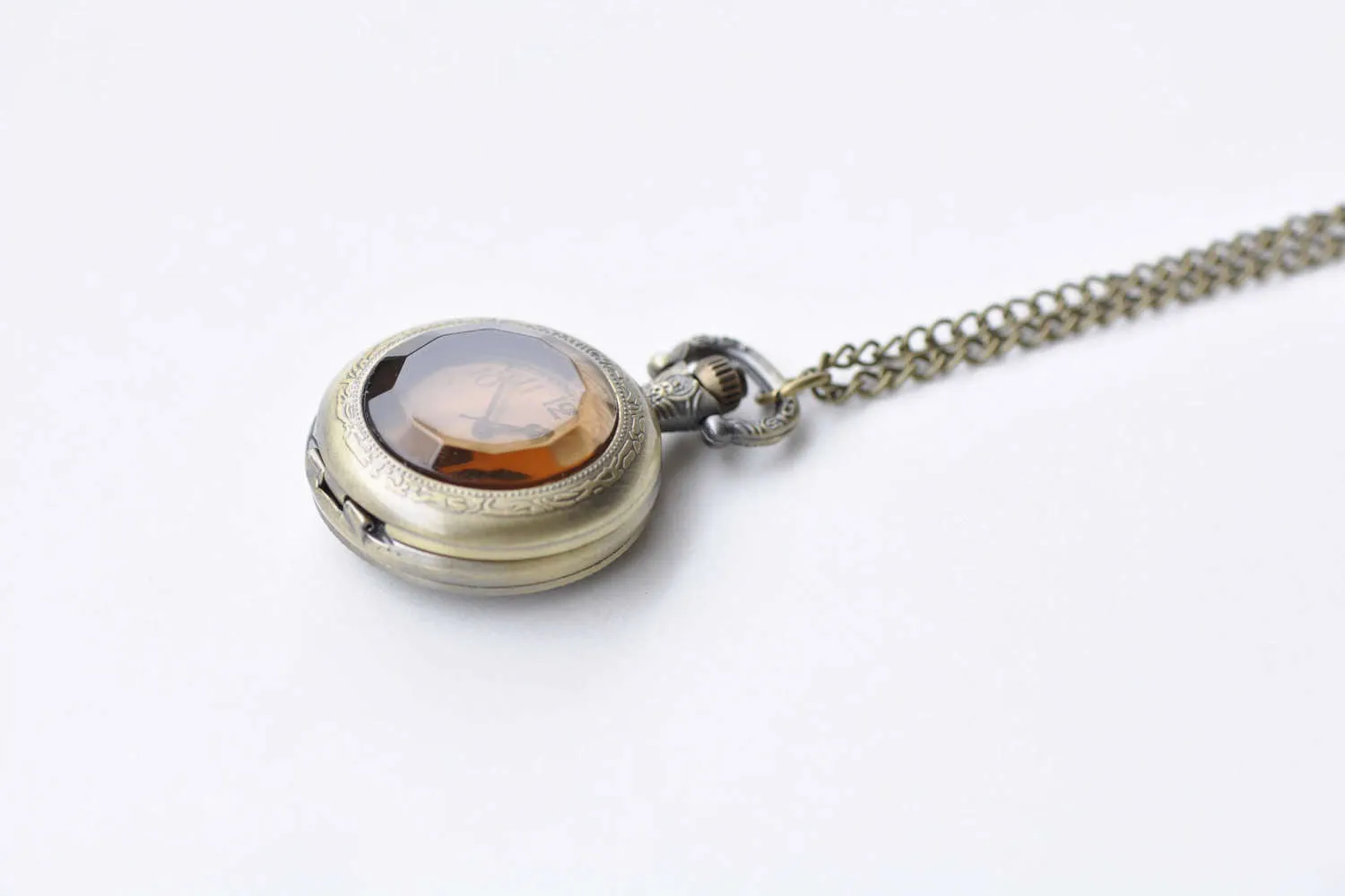 1 PC Antique Bronze Faceted Glass Cover Pocket Watch Necklace