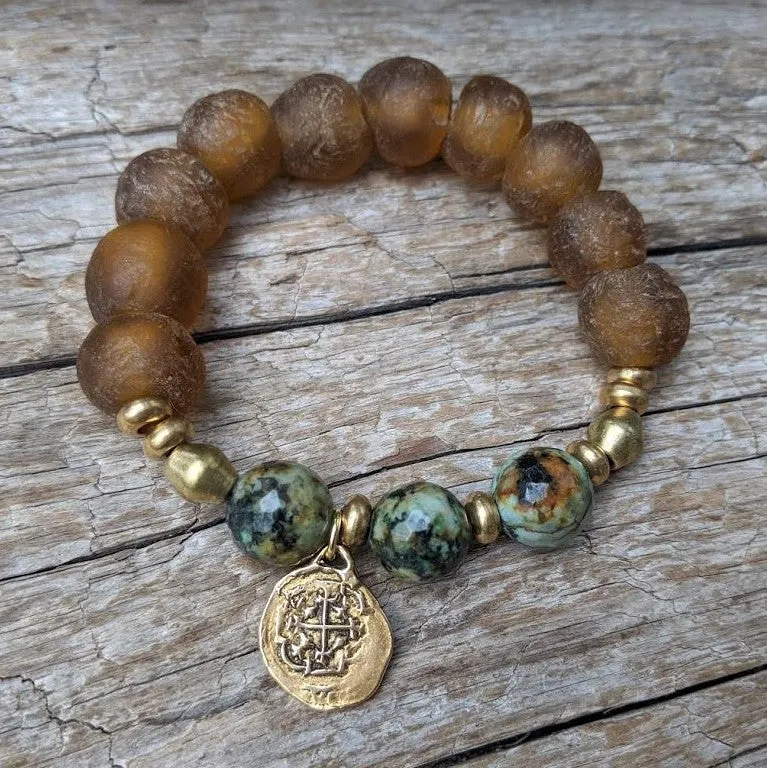 African Turquoise & Brown Sea Glass Spanish Coin Elastic Bracelet