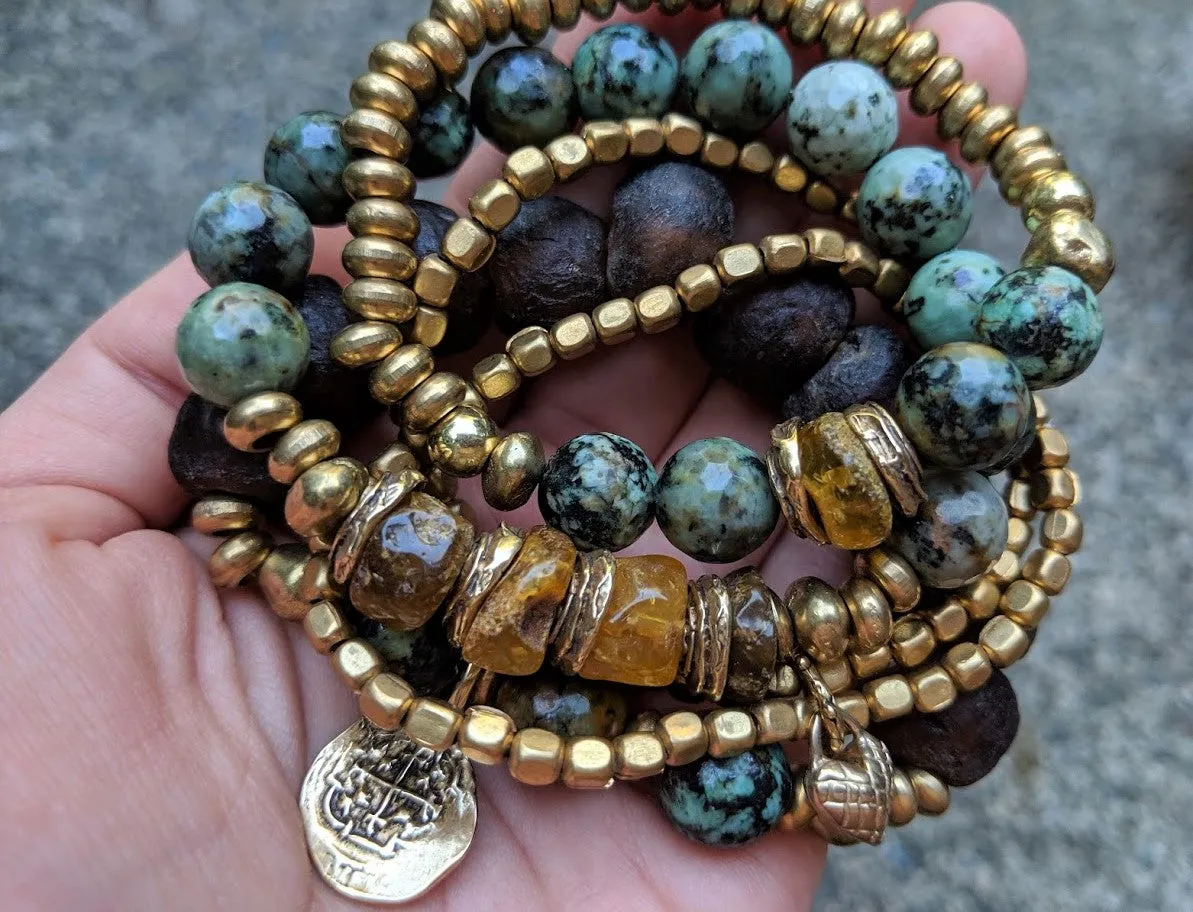 African Turquoise & Brown Sea Glass Spanish Coin Elastic Bracelet