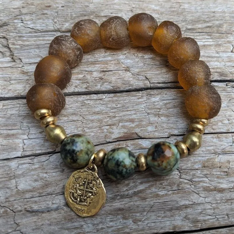 African Turquoise & Brown Sea Glass Spanish Coin Elastic Bracelet
