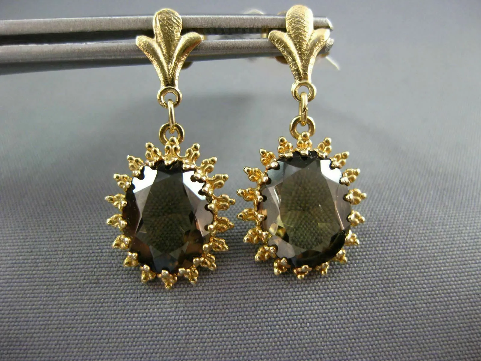 ANTIQUE 3.50CT AAA SMOKY TOPAZ 14KT YELLOW GOLD FLOWER HANGING EARRINGS #21850