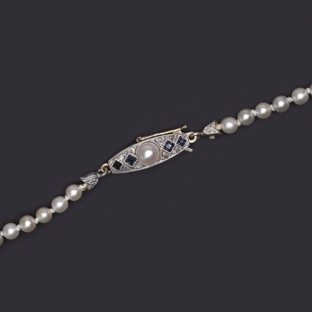 ANTIQUE SALTWATER AKOYA PEARL NECKLACE SAPPHIRE DIAMOND GRADUATED ART NOUVEAU