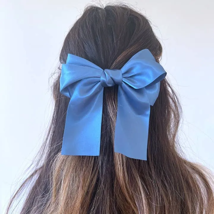 Big Satin Hair Bow Clip- Blue