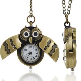 Bronze Owl Pocket Watch with Chain Necklace Wings Open and Close Battery Included