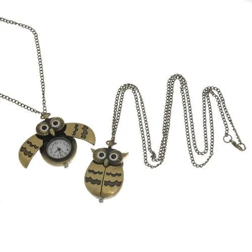 Bronze Owl Pocket Watch with Chain Necklace Wings Open and Close Battery Included
