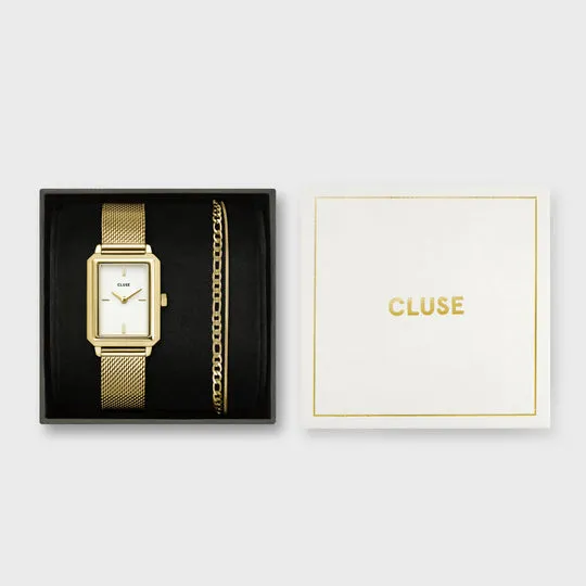 Cluse Gift Box Fluette Mesh White Watch and Double Chain Bracelet, Gold Colour