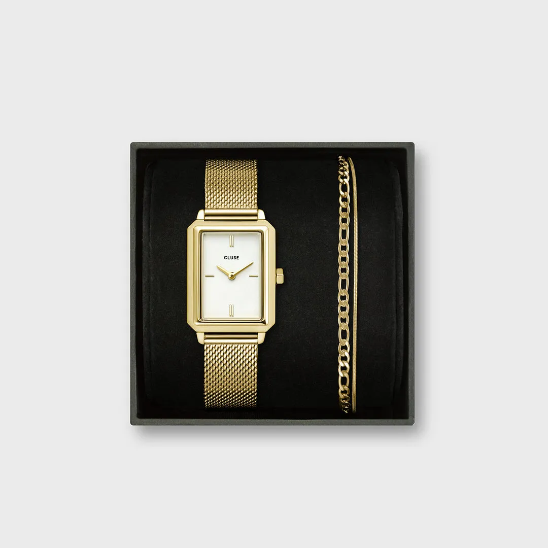 Cluse Gift Box Fluette Mesh White Watch and Double Chain Bracelet, Gold Colour