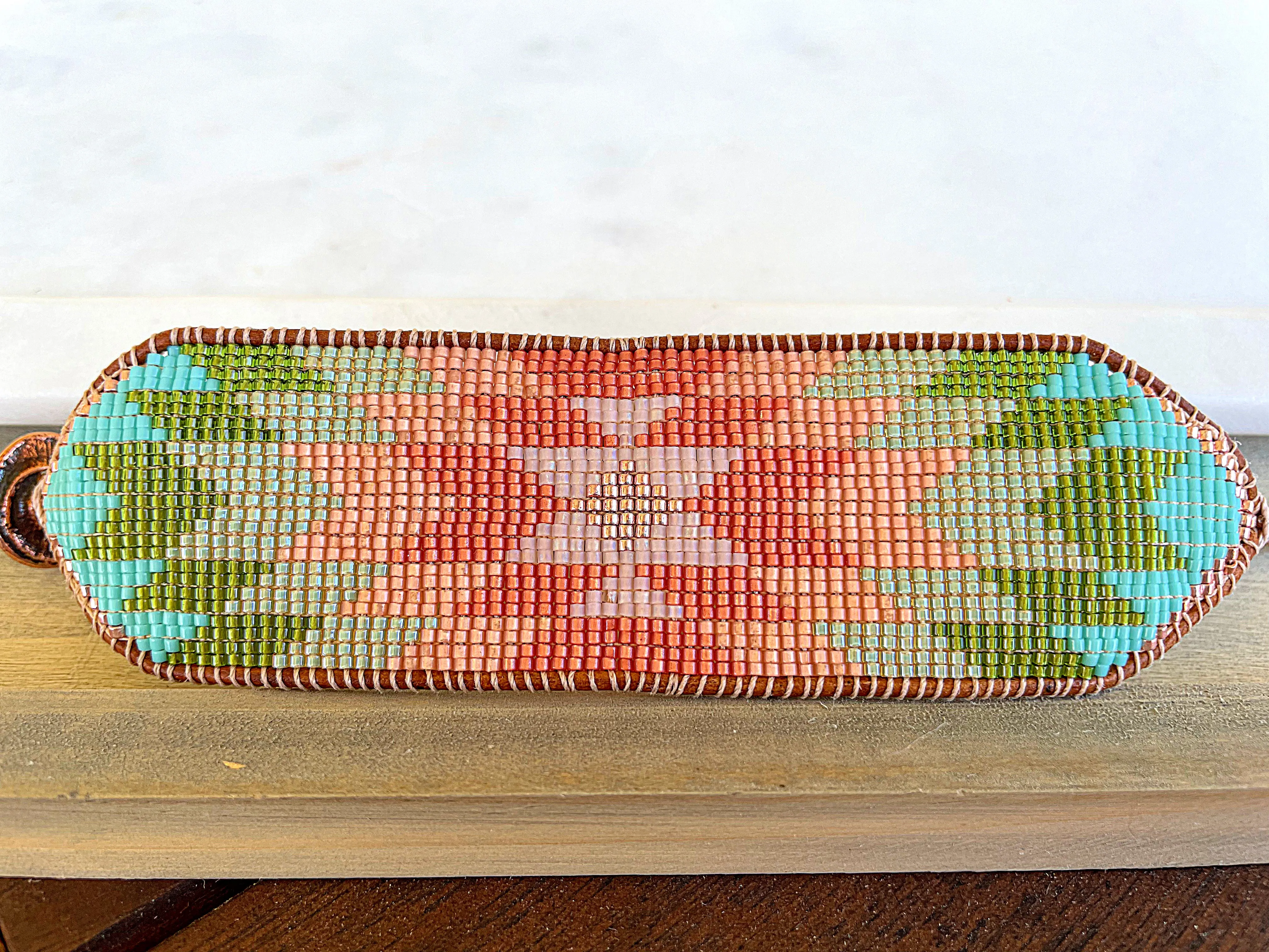 Coral,Green and Turquoise Western Cuff Starburst Beaded Loom Bracelet