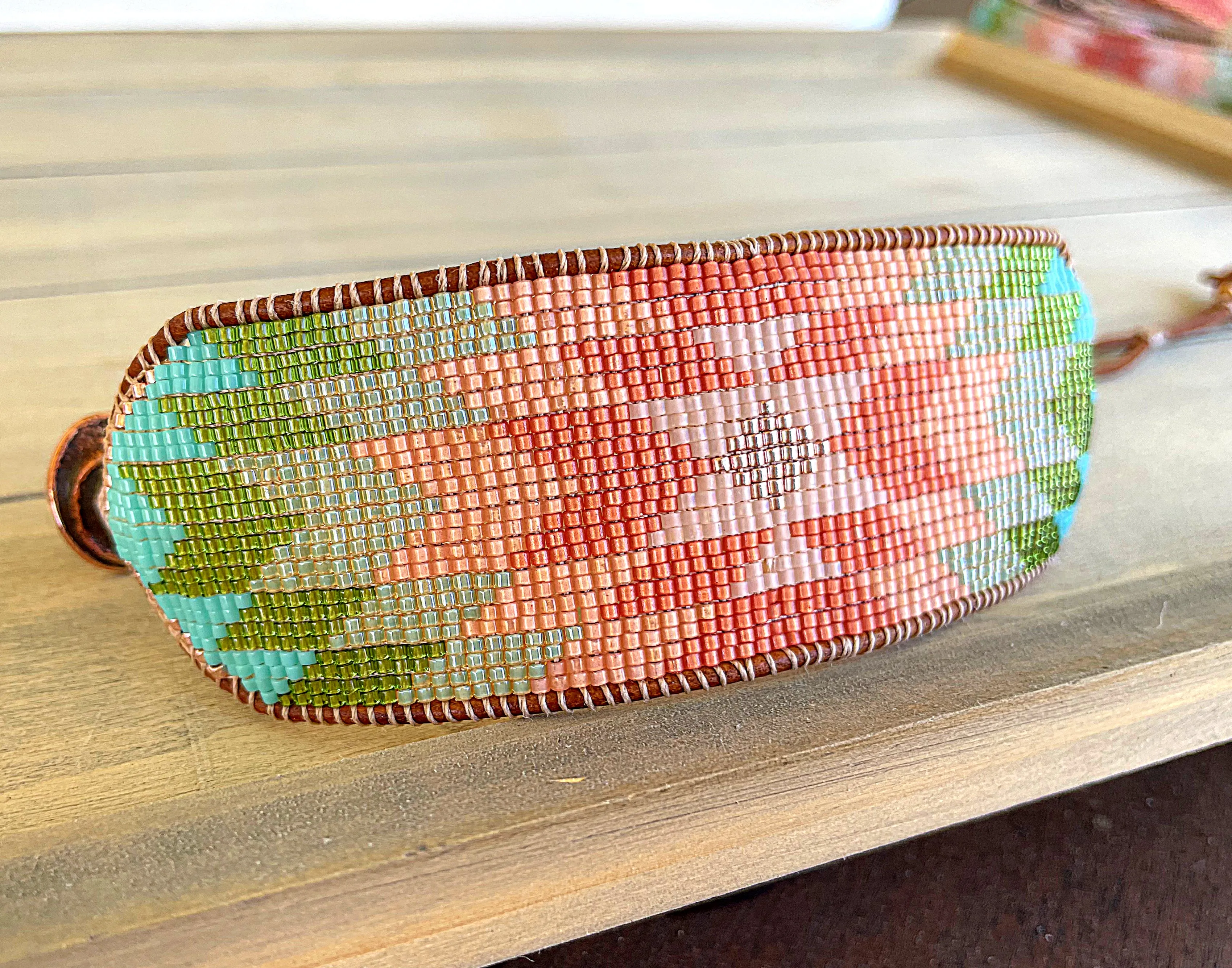 Coral,Green and Turquoise Western Cuff Starburst Beaded Loom Bracelet
