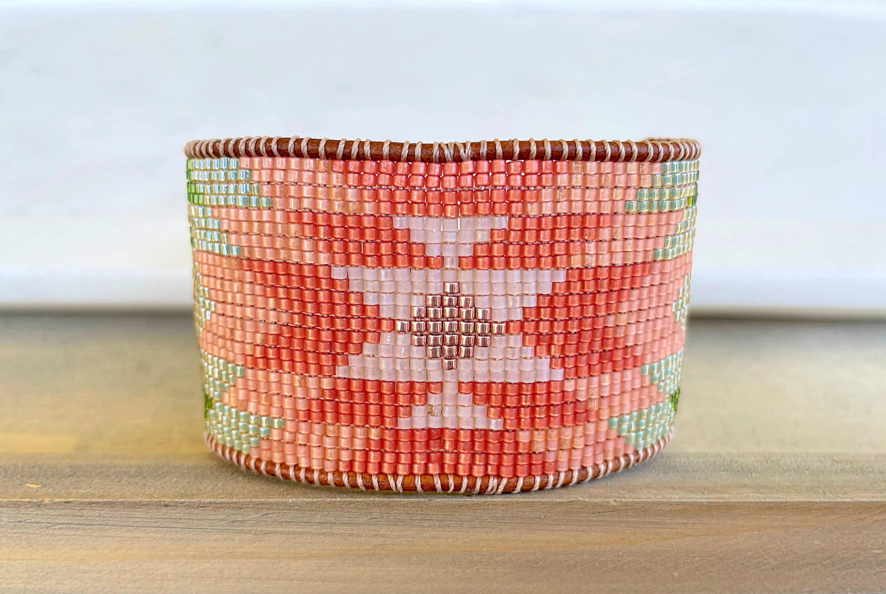 Coral,Green and Turquoise Western Cuff Starburst Beaded Loom Bracelet