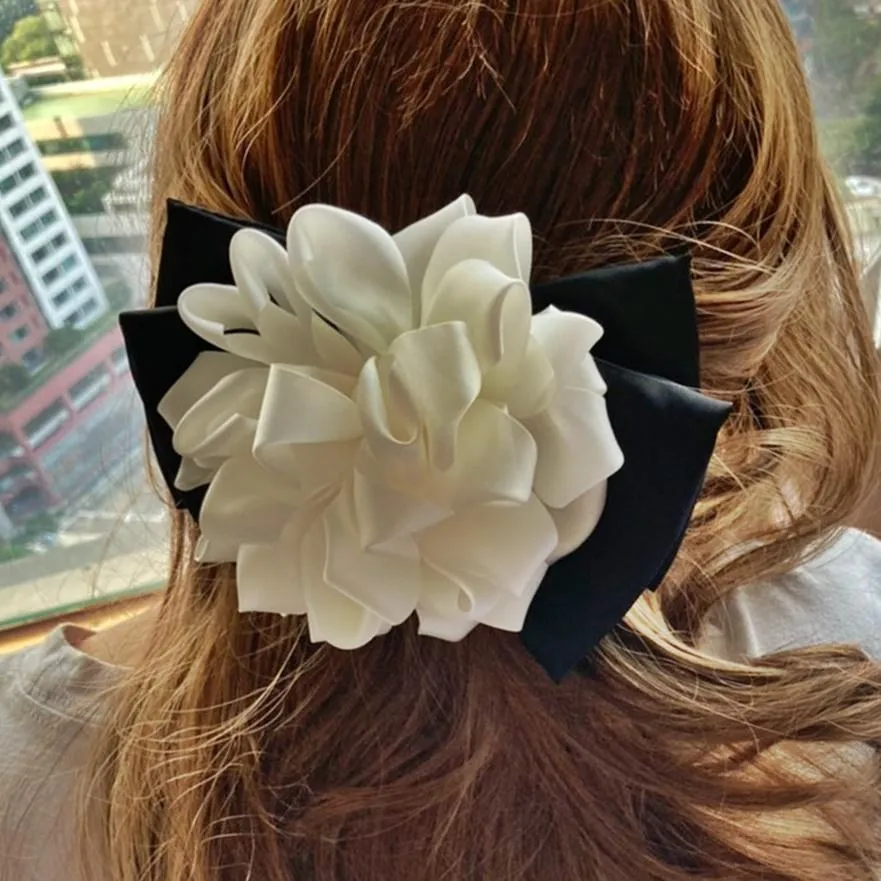 cream white flower black bow french barrette women hair accessory