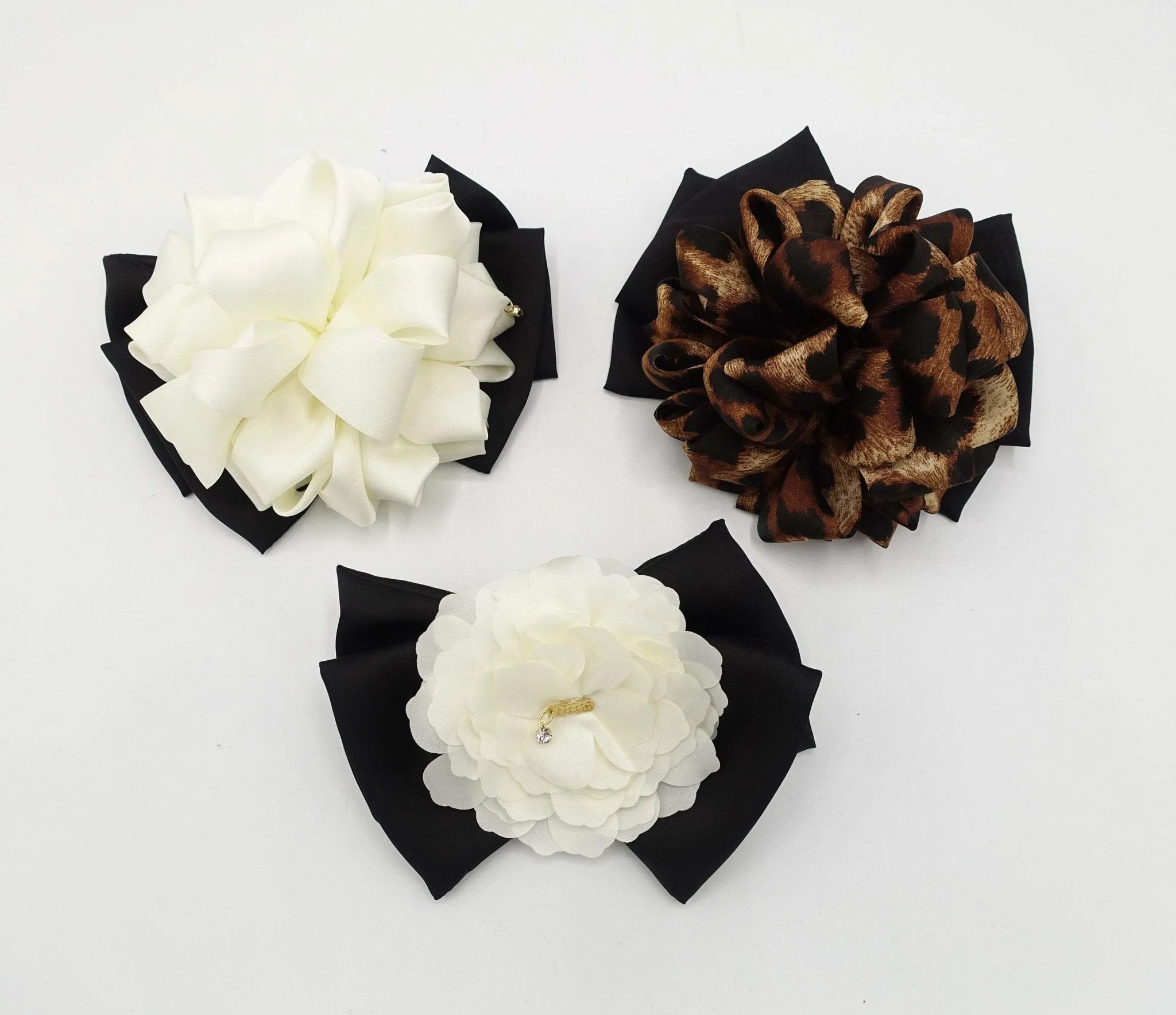 cream white flower black bow french barrette women hair accessory