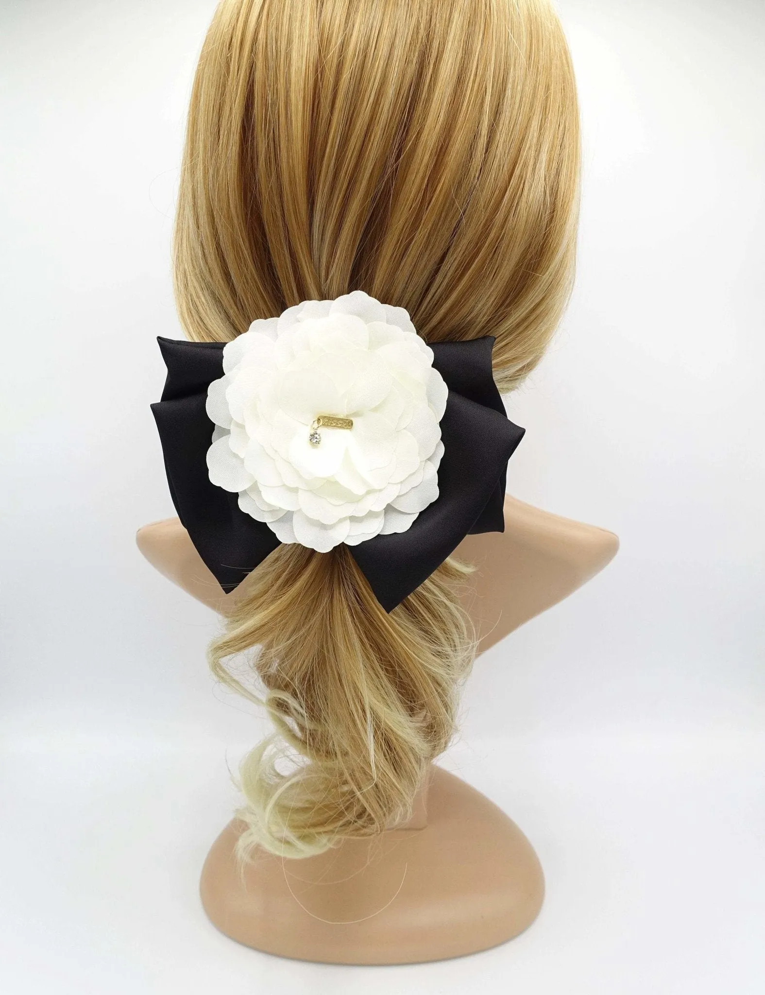 cream white flower black bow french barrette women hair accessory