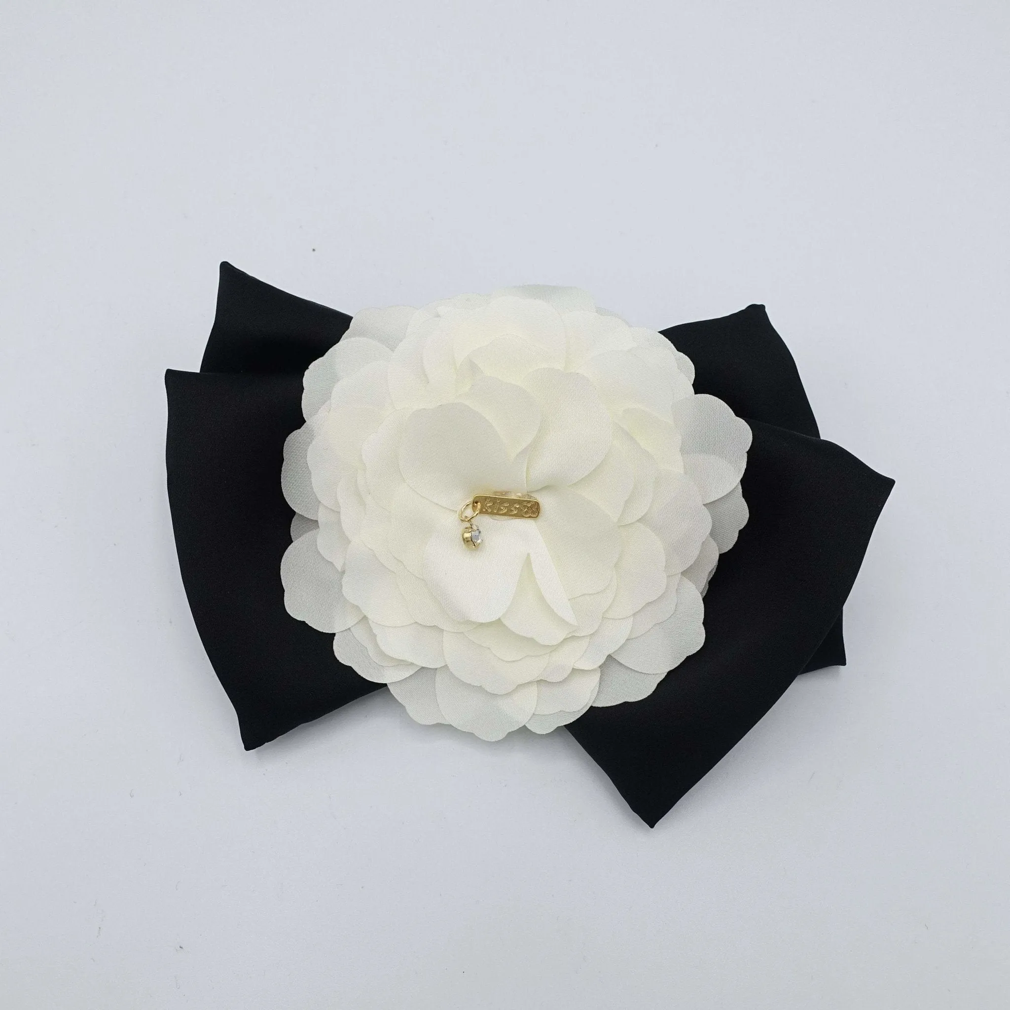 cream white flower black bow french barrette women hair accessory