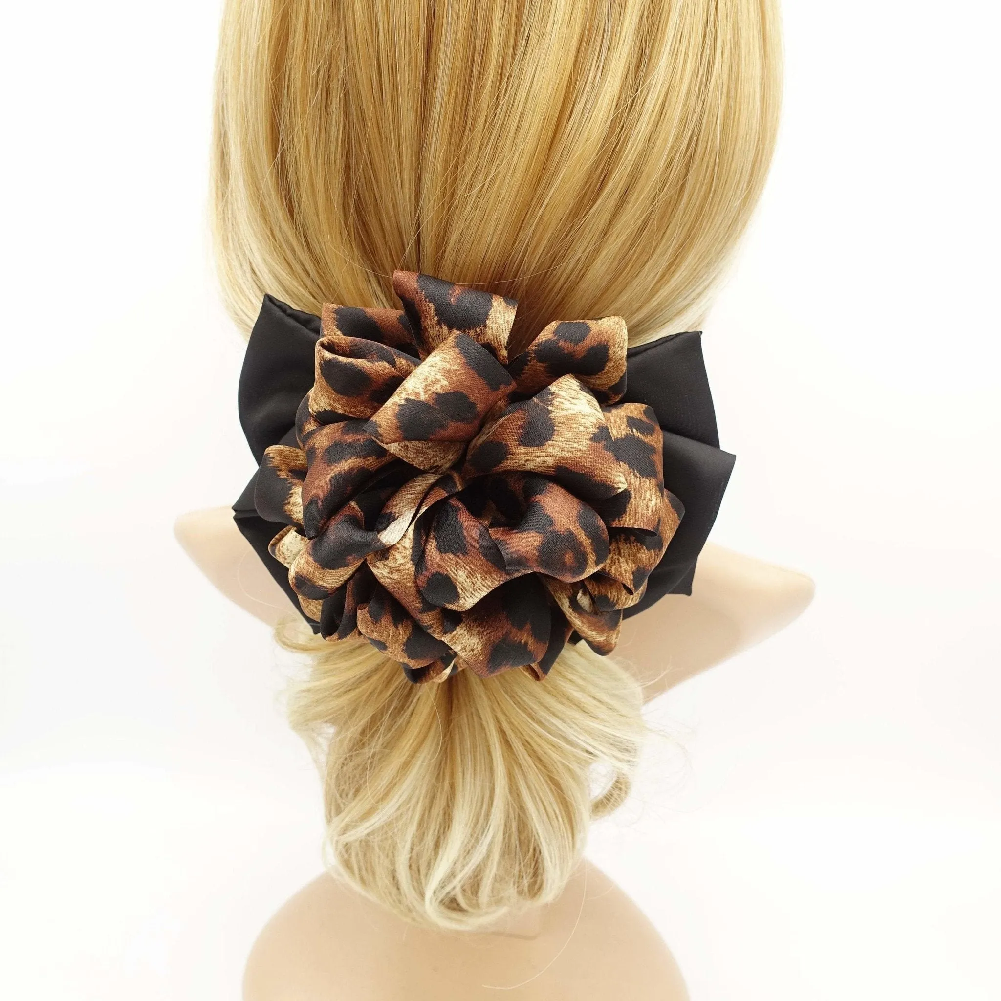 cream white flower black bow french barrette women hair accessory