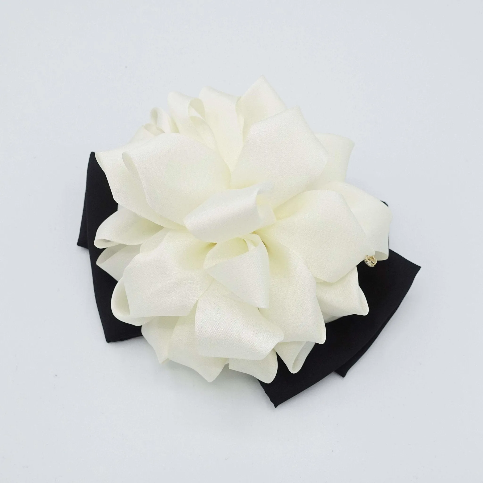 cream white flower black bow french barrette women hair accessory