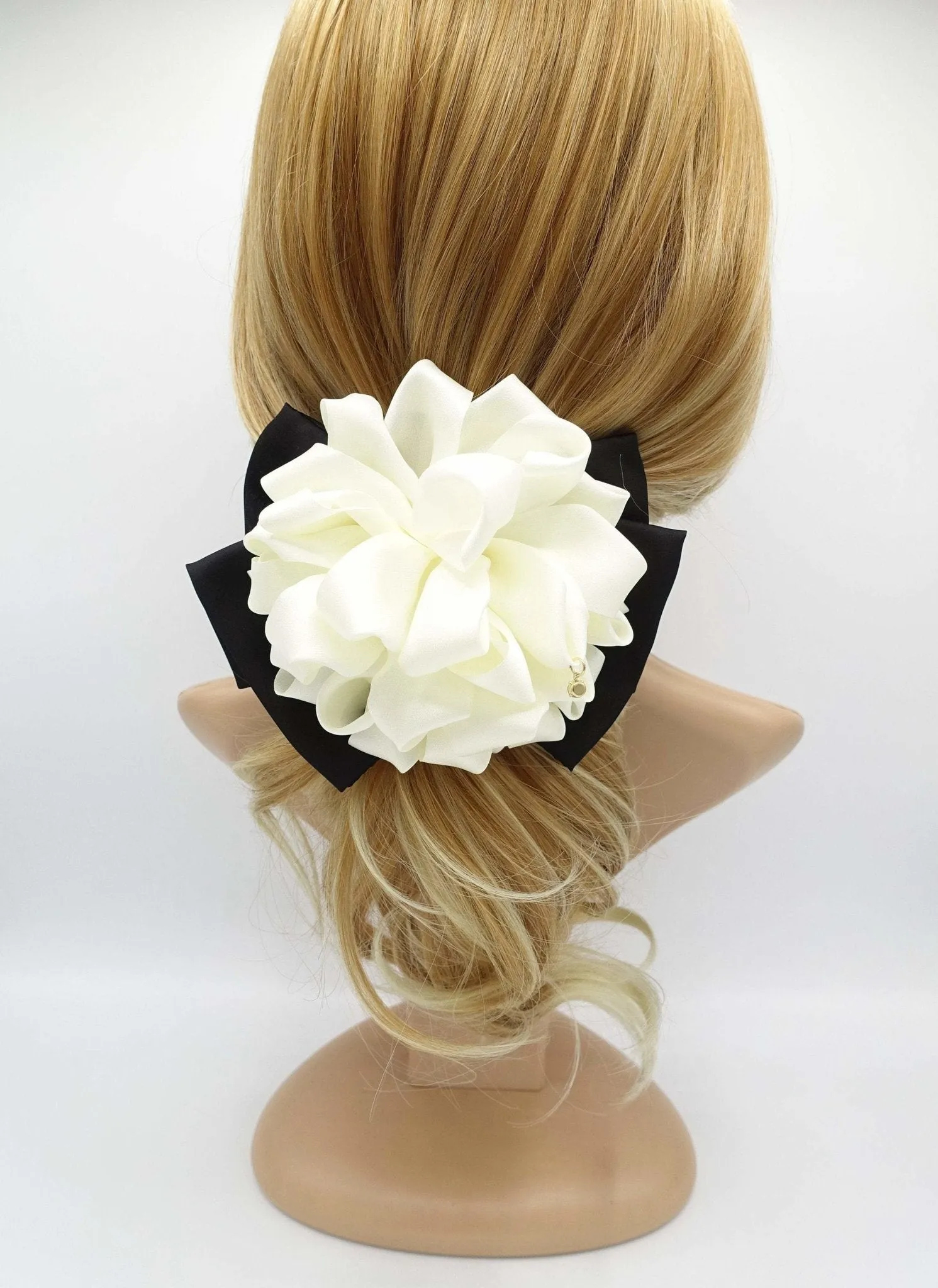 cream white flower black bow french barrette women hair accessory
