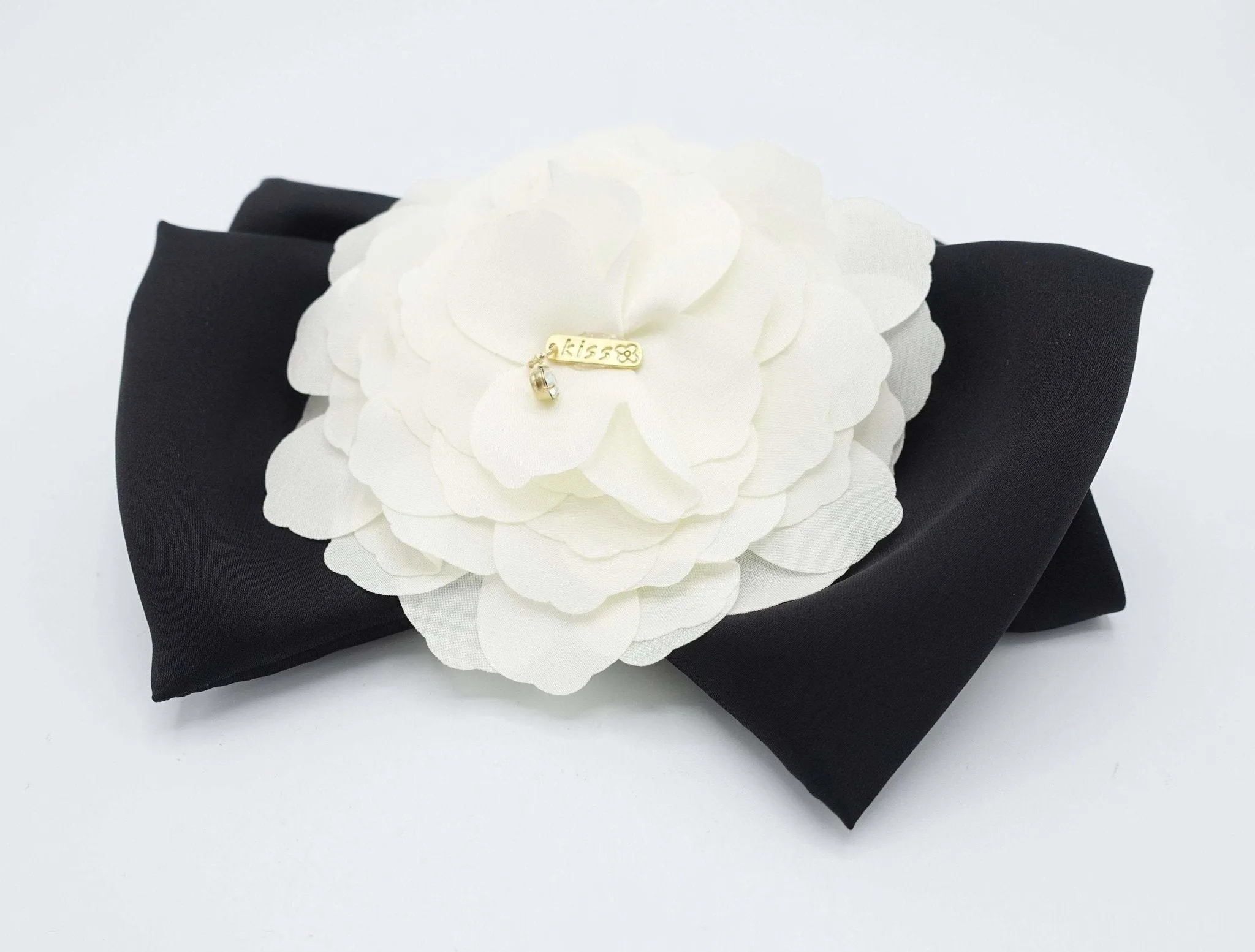 cream white flower black bow french barrette women hair accessory