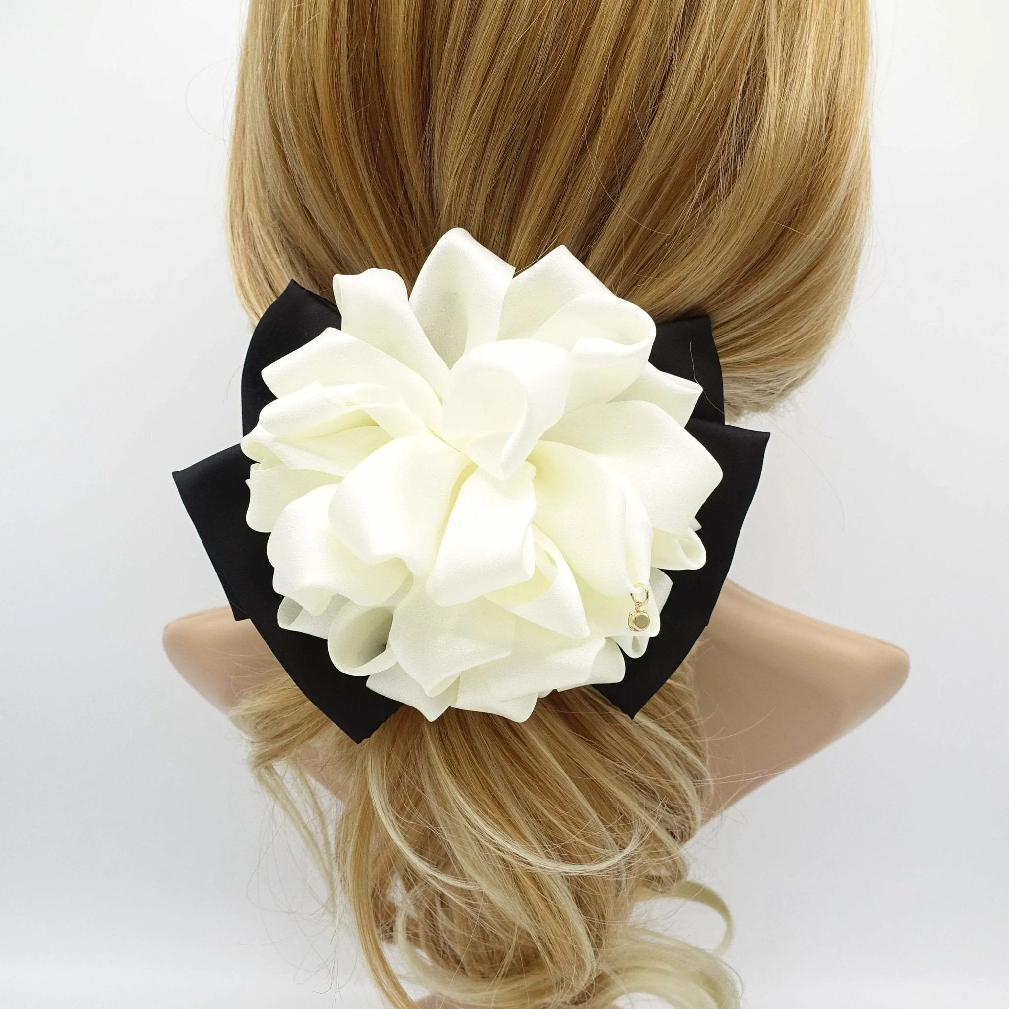 cream white flower black bow french barrette women hair accessory