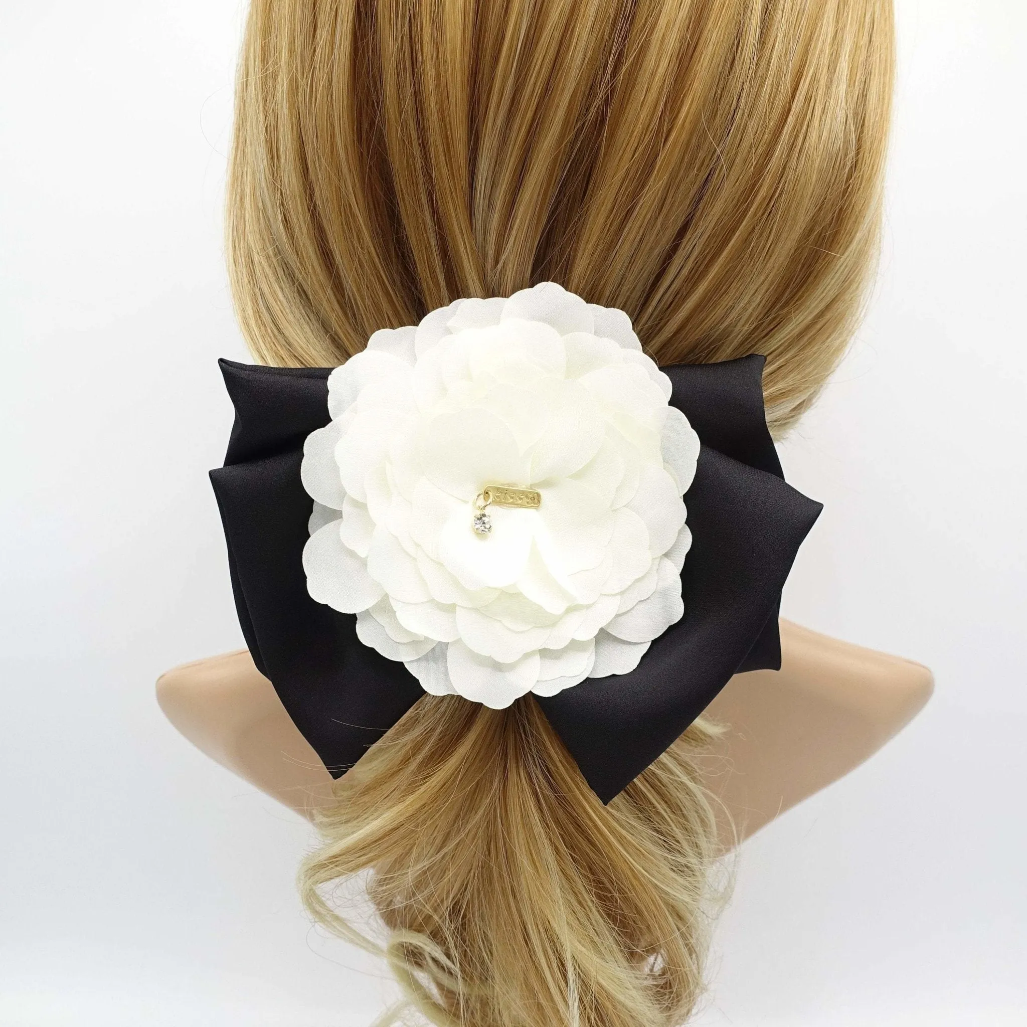 cream white flower black bow french barrette women hair accessory