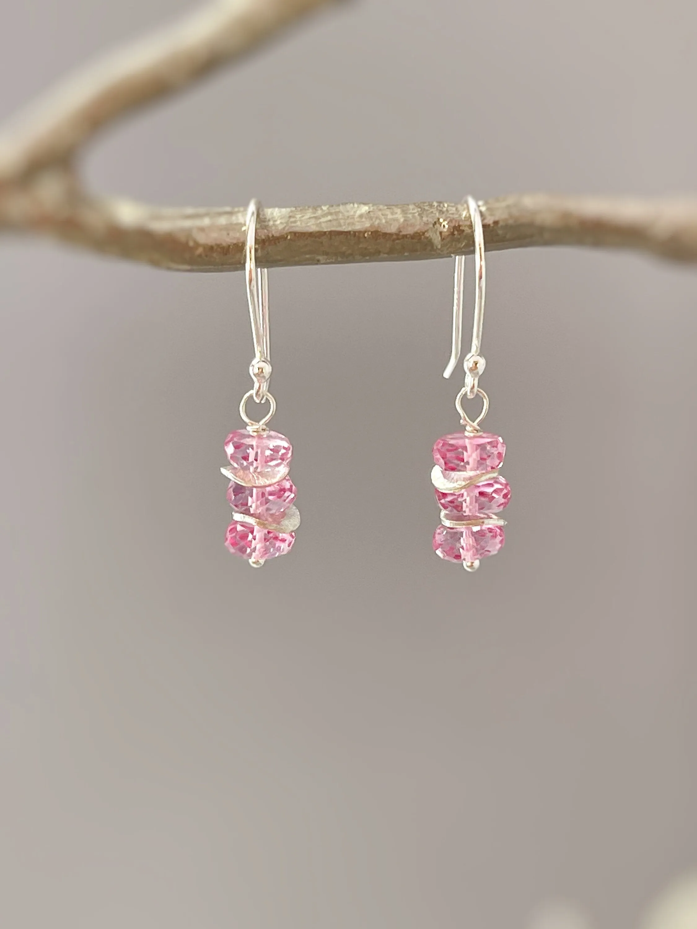 Dainty Pink Topaz earrings dangle, 14k Gold Sterling Silver Rose Gold