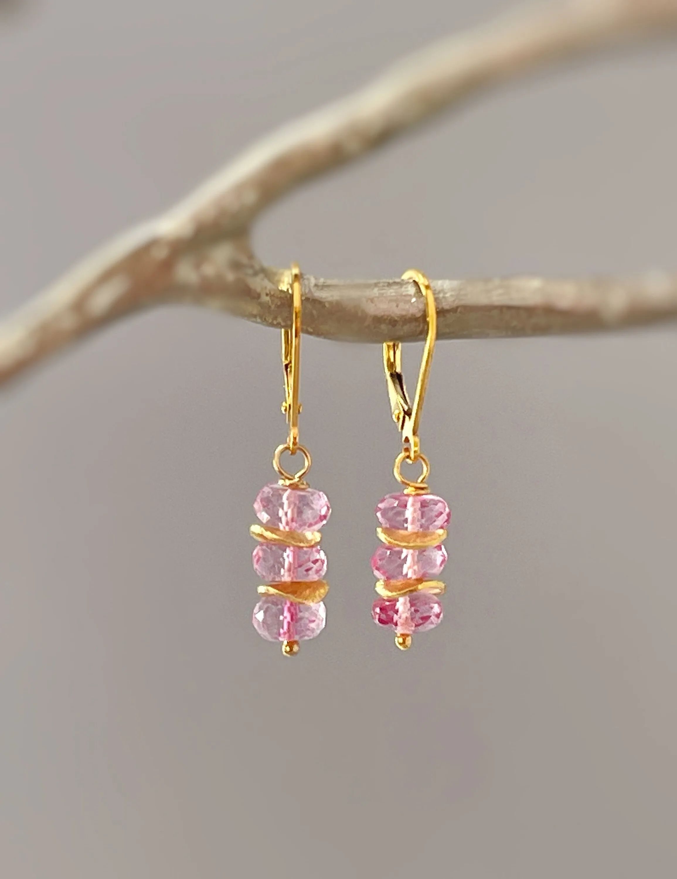 Dainty Pink Topaz earrings dangle, 14k Gold Sterling Silver Rose Gold
