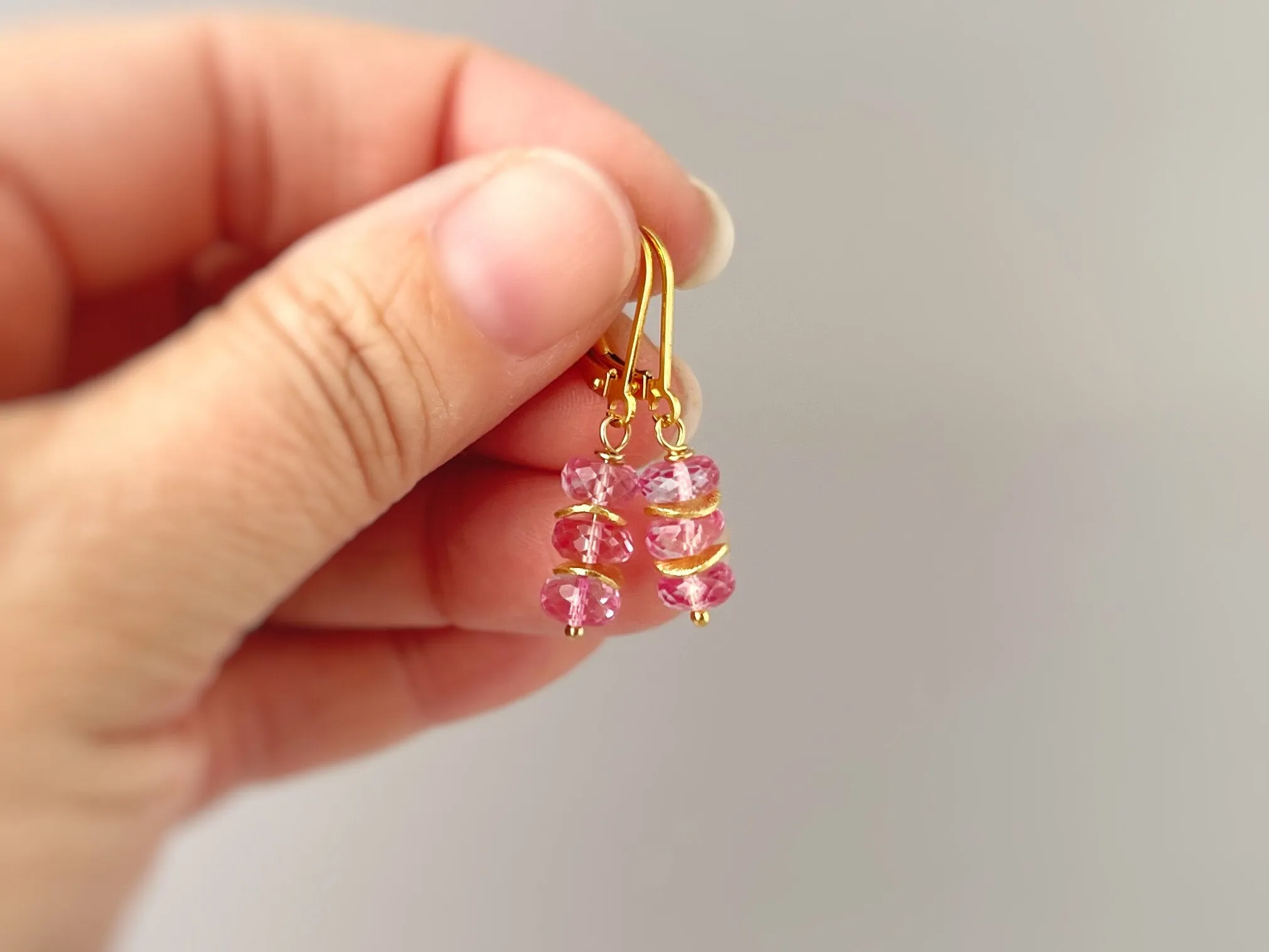 Dainty Pink Topaz earrings dangle, 14k Gold Sterling Silver Rose Gold
