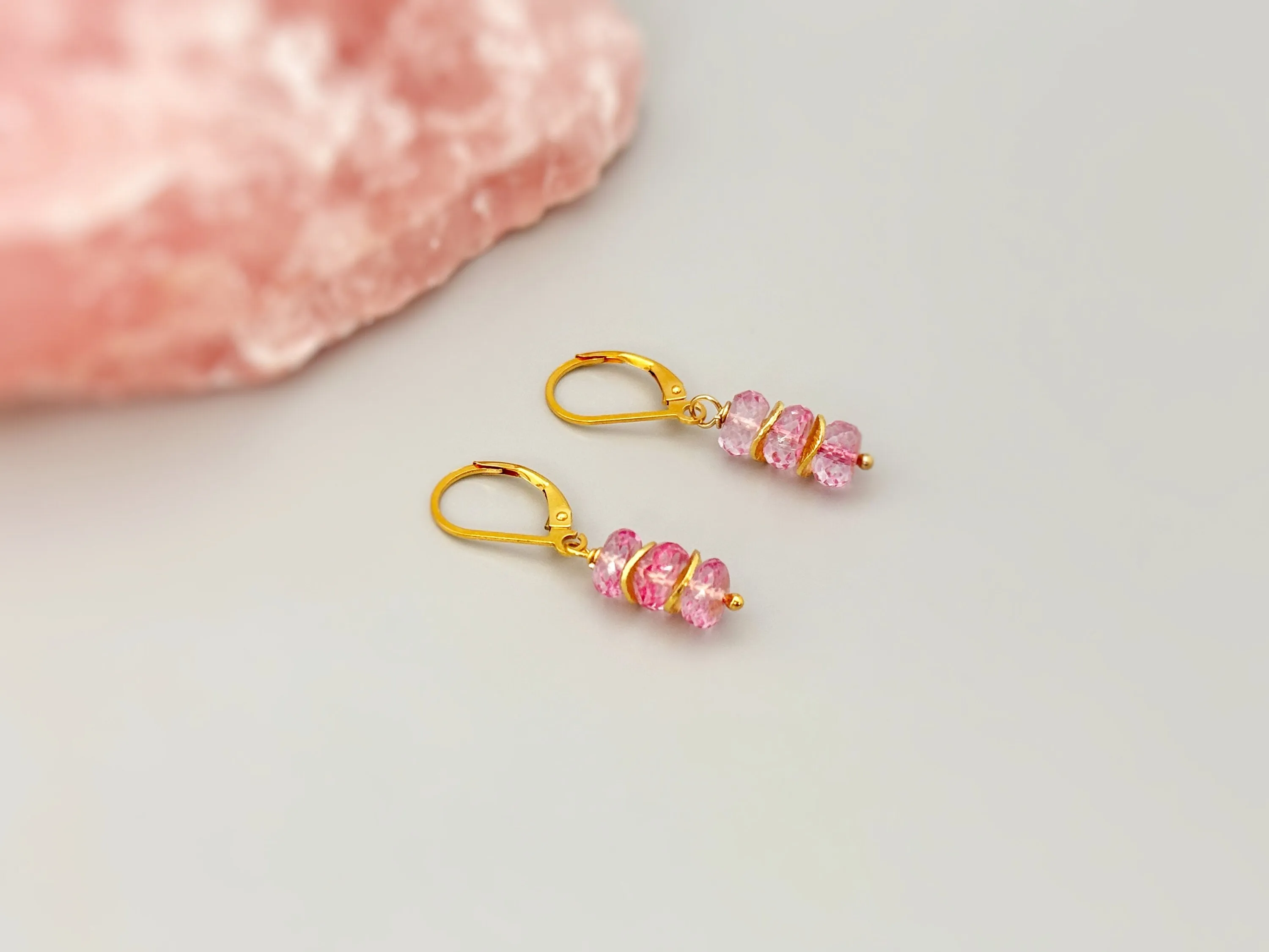 Dainty Pink Topaz earrings dangle, 14k Gold Sterling Silver Rose Gold