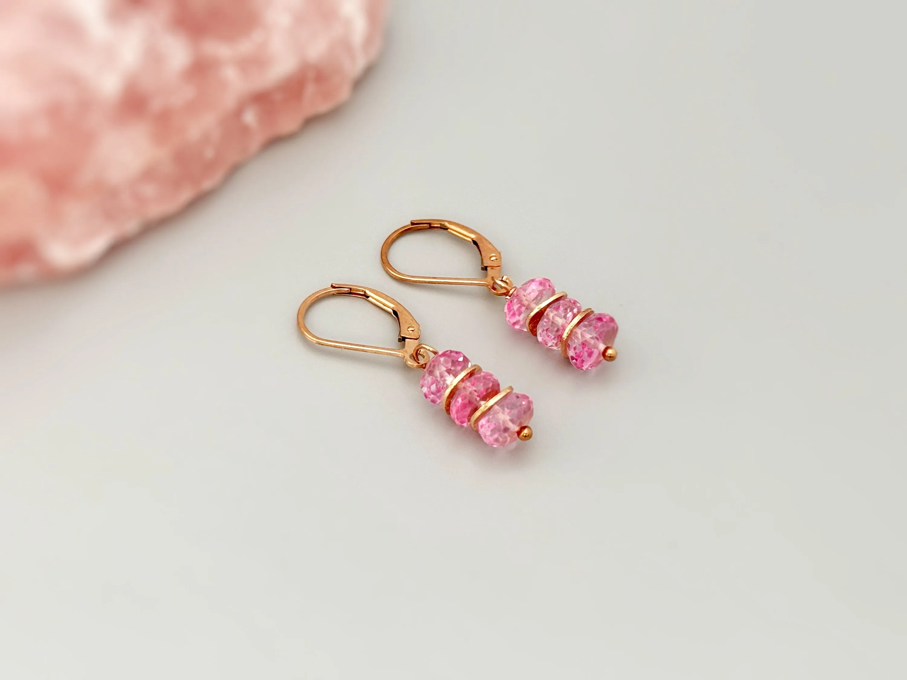 Dainty Pink Topaz earrings dangle, 14k Gold Sterling Silver Rose Gold