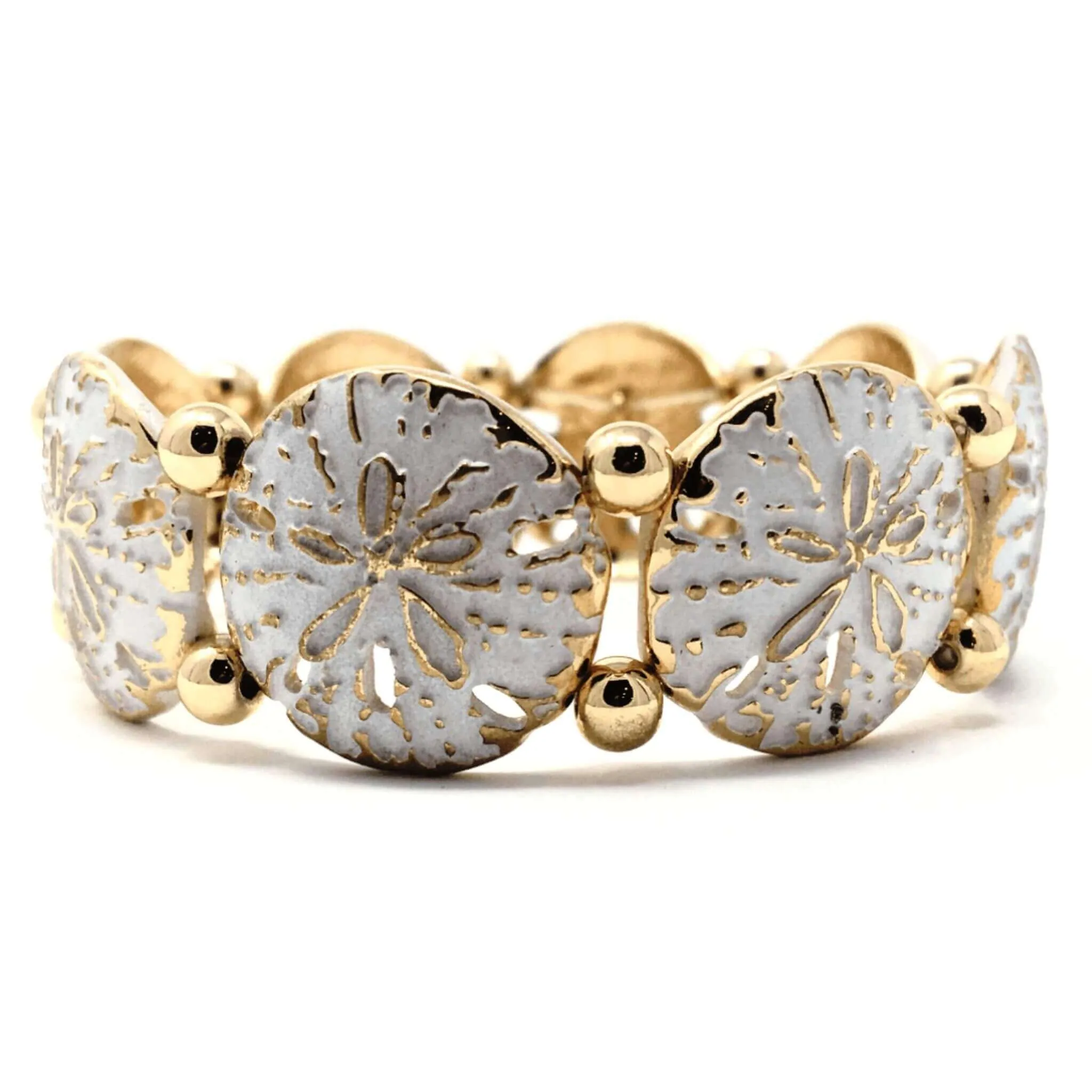 Gold Sand Dollar Stretch Bracelet with White Accent