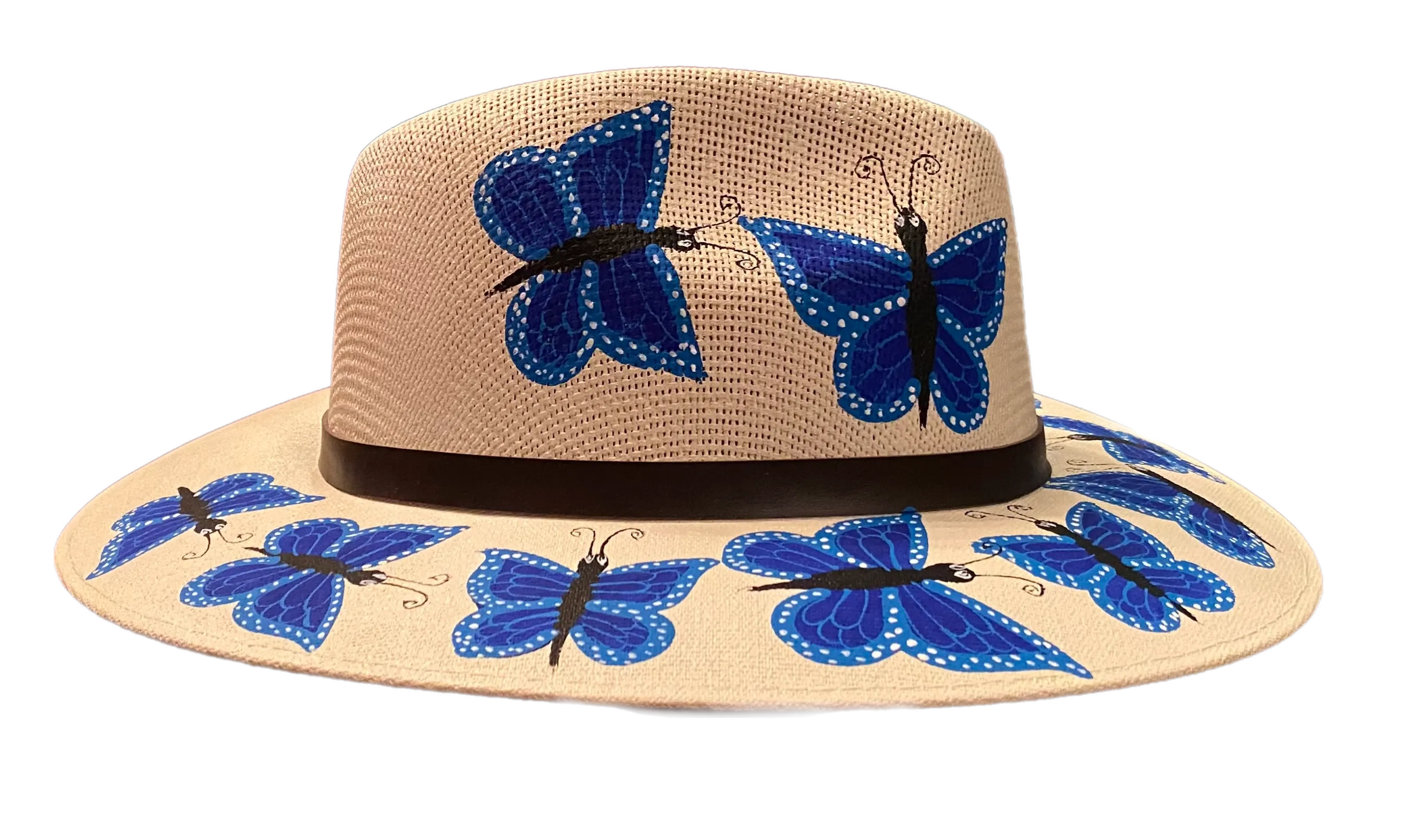 Hand-painted Hat from Mexico - Butterflies - White, Blue, Black