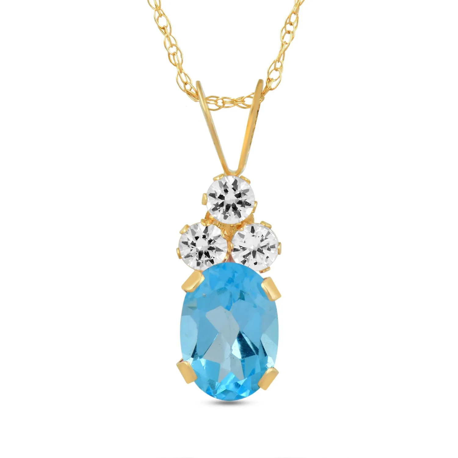 Jewelili 10K Yellow Gold with Oval Swiss Blue Topaz with Round Created White Sapphire Pendant Earrings Set