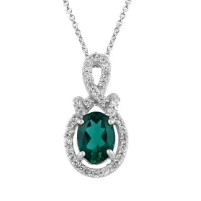 Jewelili Sterling Silver With Created Emerald and Created White Sapphire Twisted Halo Pendant Necklace
