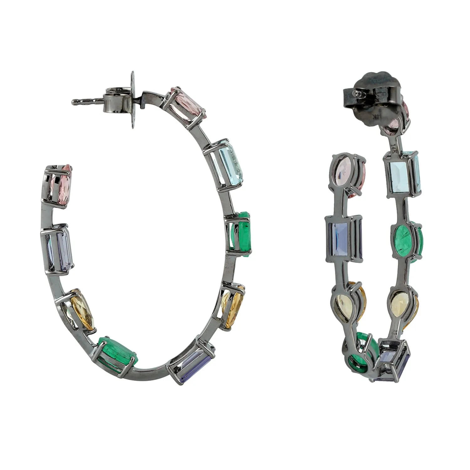 Natural Emerald Topaz Tourmaline iolite 14k Gold Long Hoop Earrings For Her