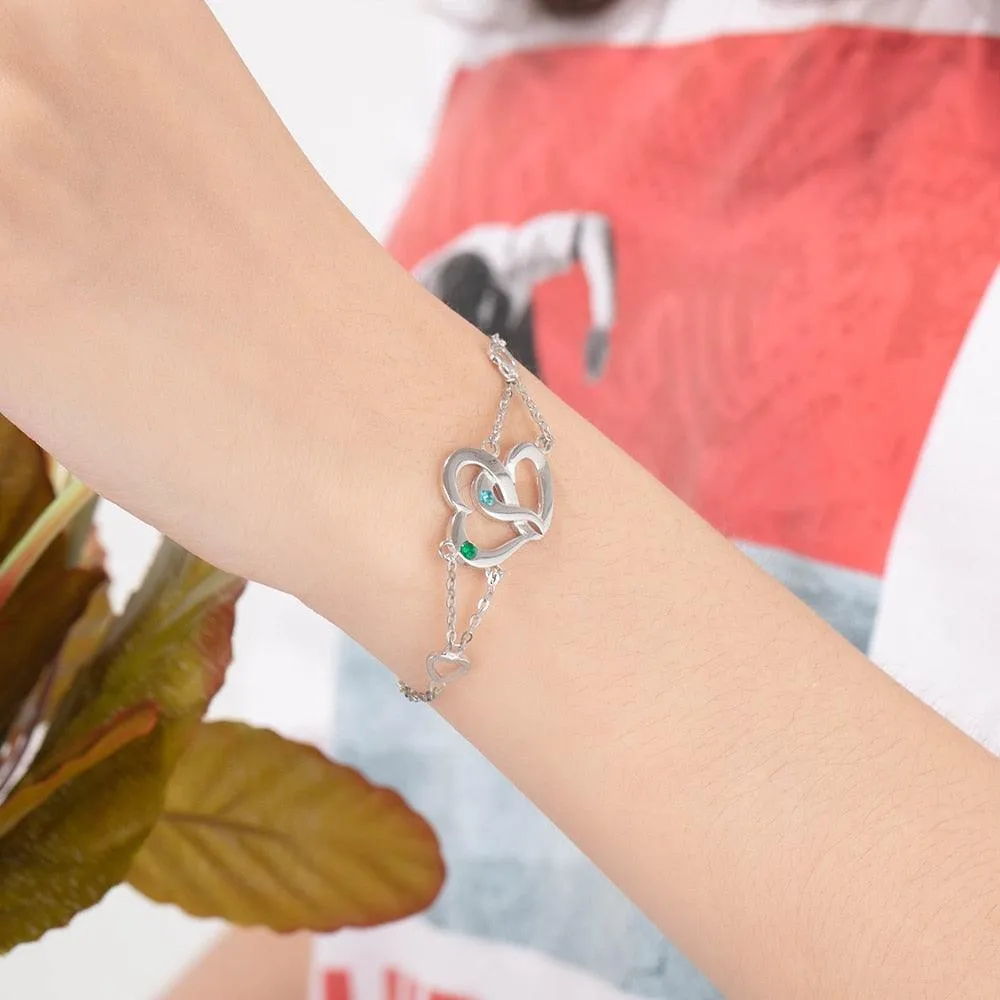 Personalized Intertwined Heart Custom Bracelet for Women with Name Engraved & Birthstone, Lovers Gift Bracelet