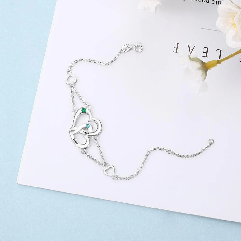 Personalized Intertwined Heart Custom Bracelet for Women with Name Engraved & Birthstone, Lovers Gift Bracelet