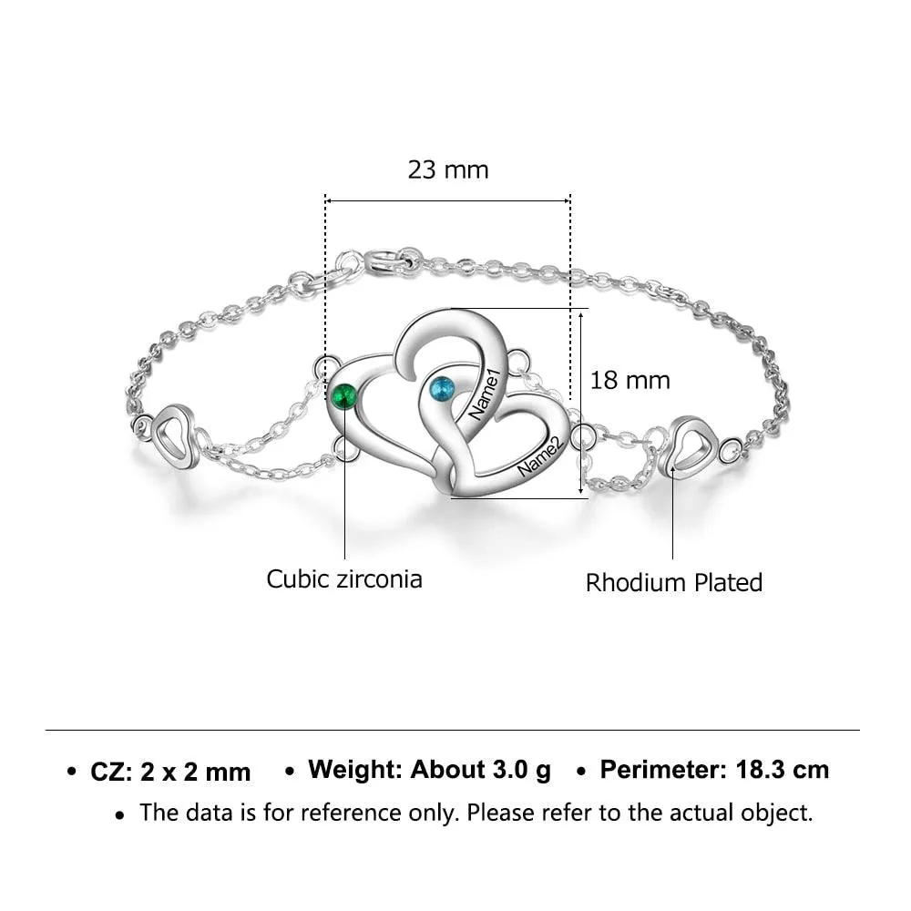 Personalized Intertwined Heart Custom Bracelet for Women with Name Engraved & Birthstone, Lovers Gift Bracelet