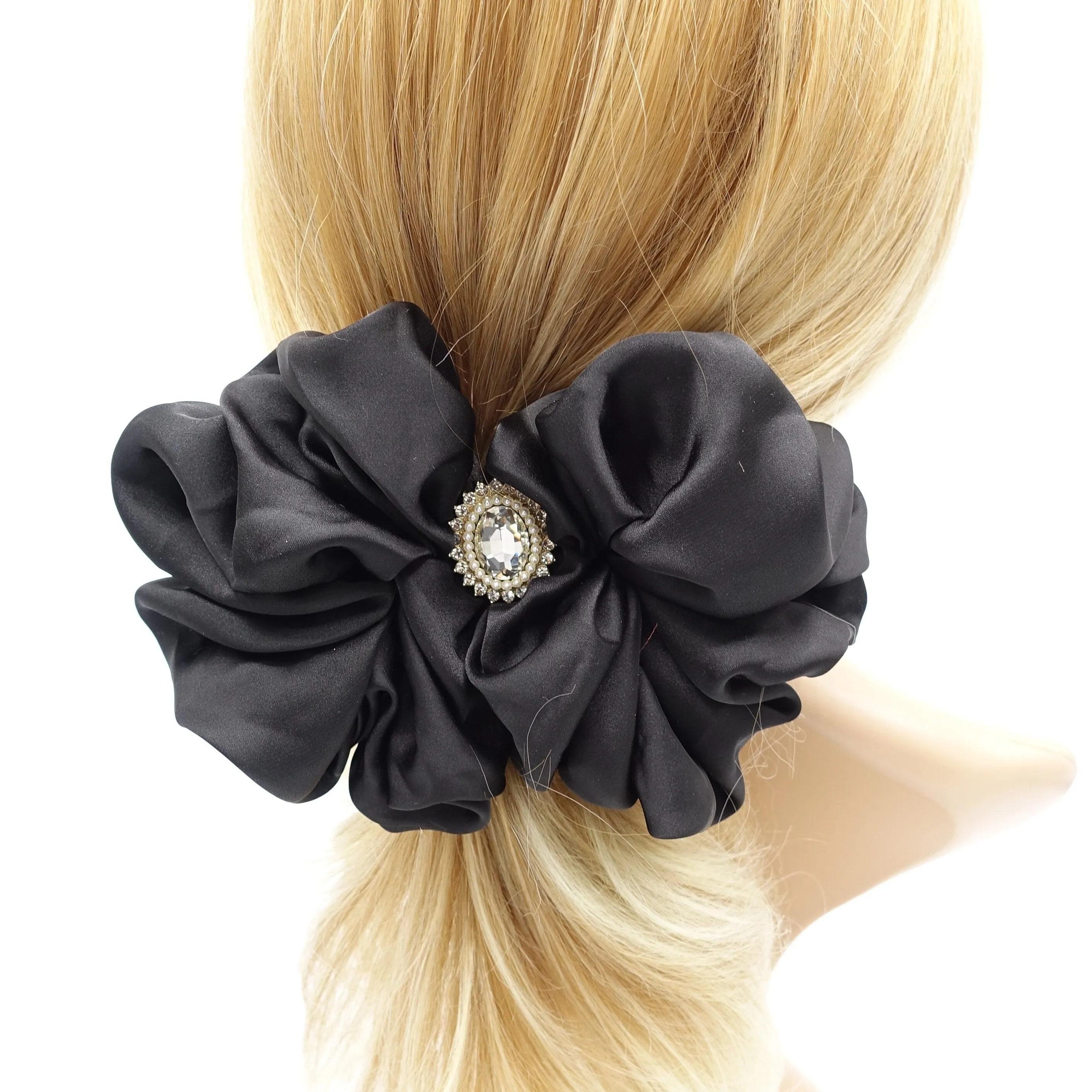 satin ruffle hair barrette, rhinestone hair barrette for women