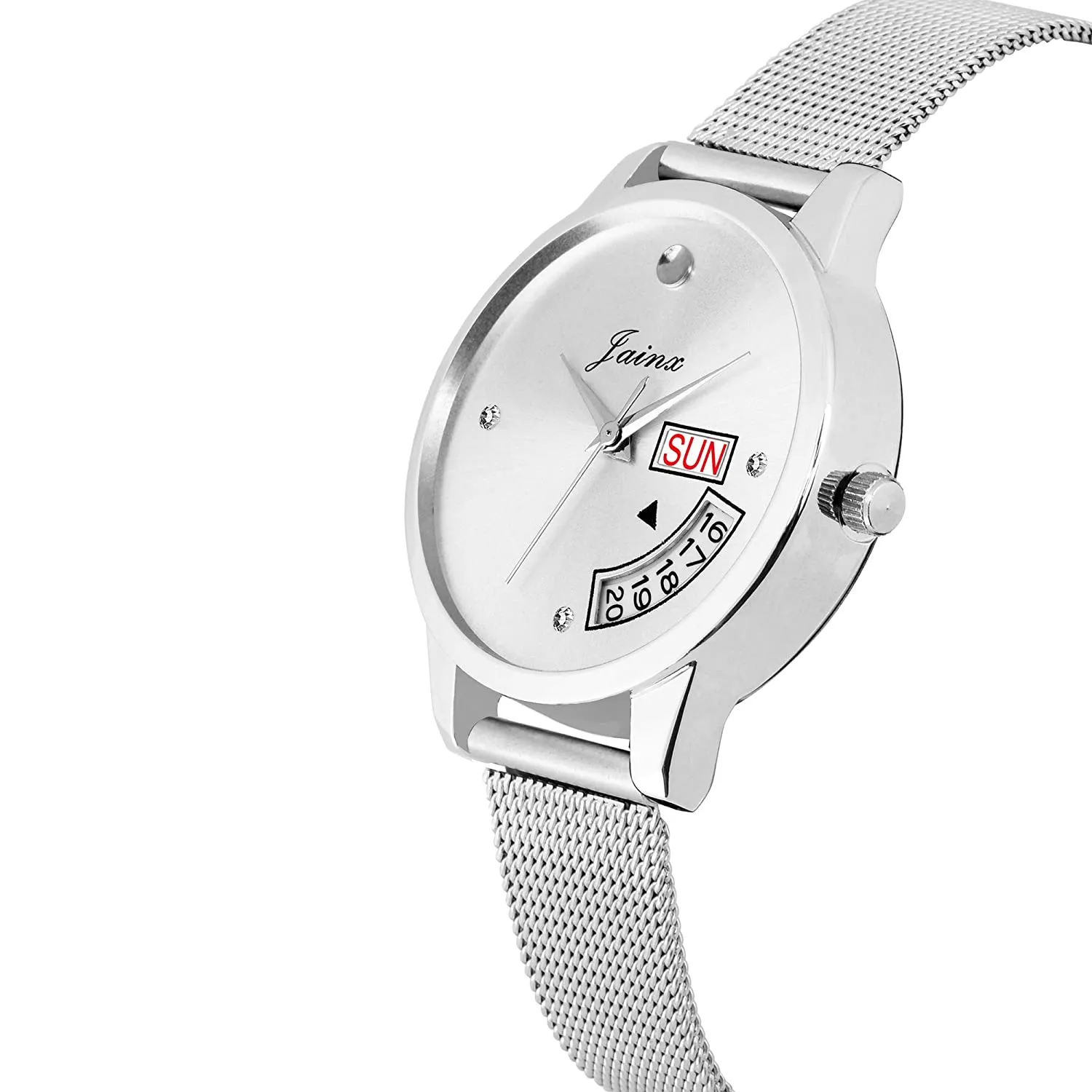 Silver Day & Date Function Steel Mesh Chain Analog Watch - For Women JW596