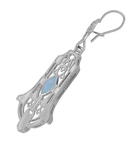 Sterling Silver Art Deco Geometric Sky Blue Topaz Dangling Filigree Earrings