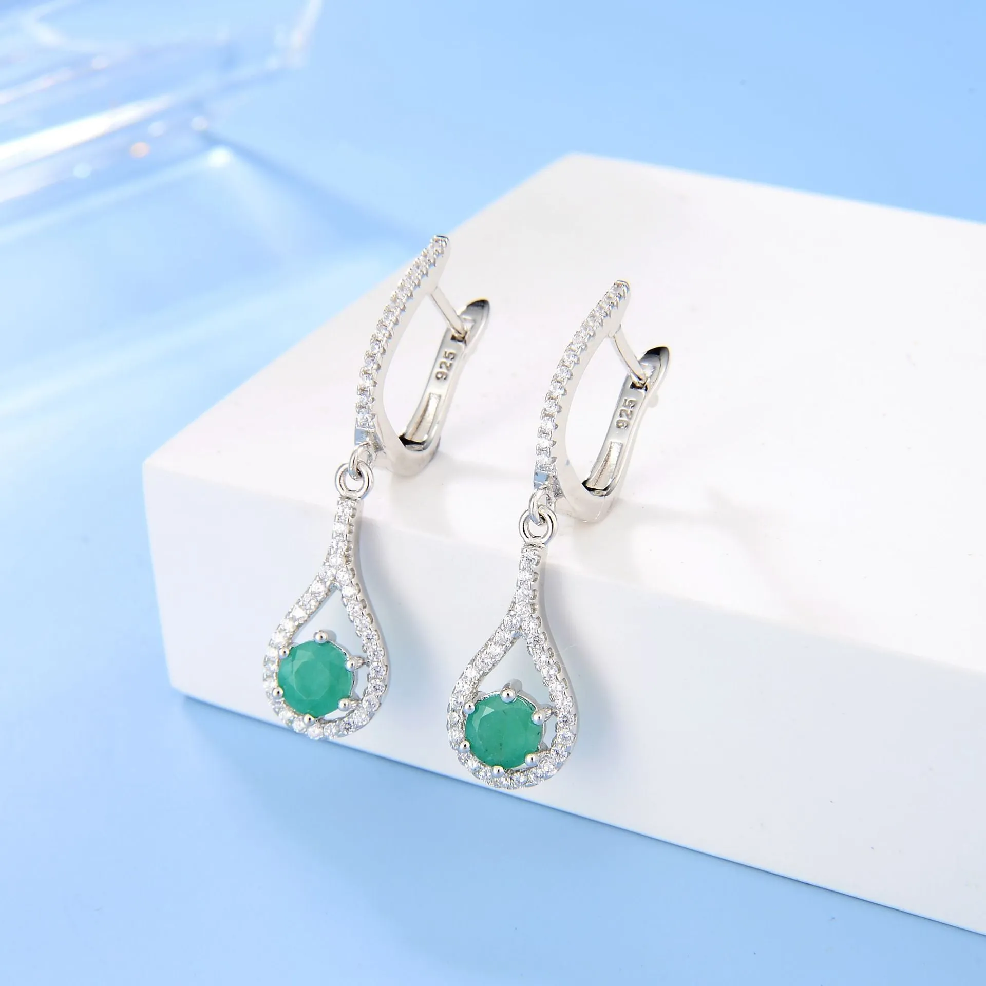 Tear Drop Round Cut Natural Gemstone Silver Drop Earrings